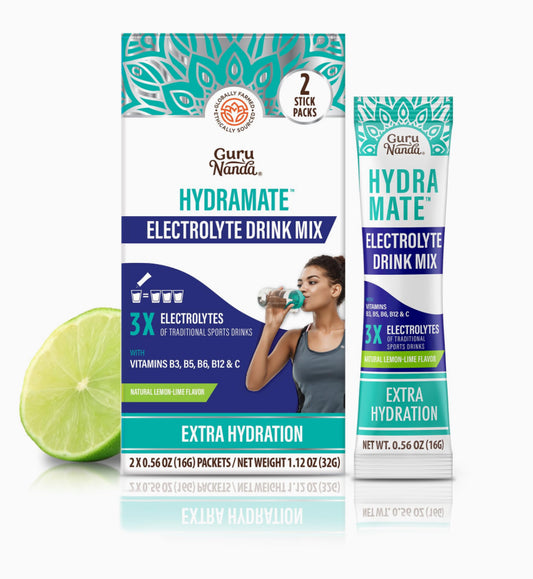 GURU Nanda, hydramate electrolyte drink mix three times electrolyte vitamin B3 B5 B6 B12 NC natural lemon lime flavor