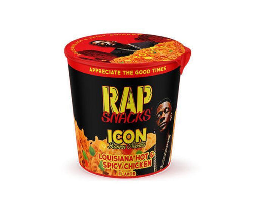 RAP SNACKS ICON BOOSIE, cup noodles, Louisiana Hot, and spicy chicken flavor