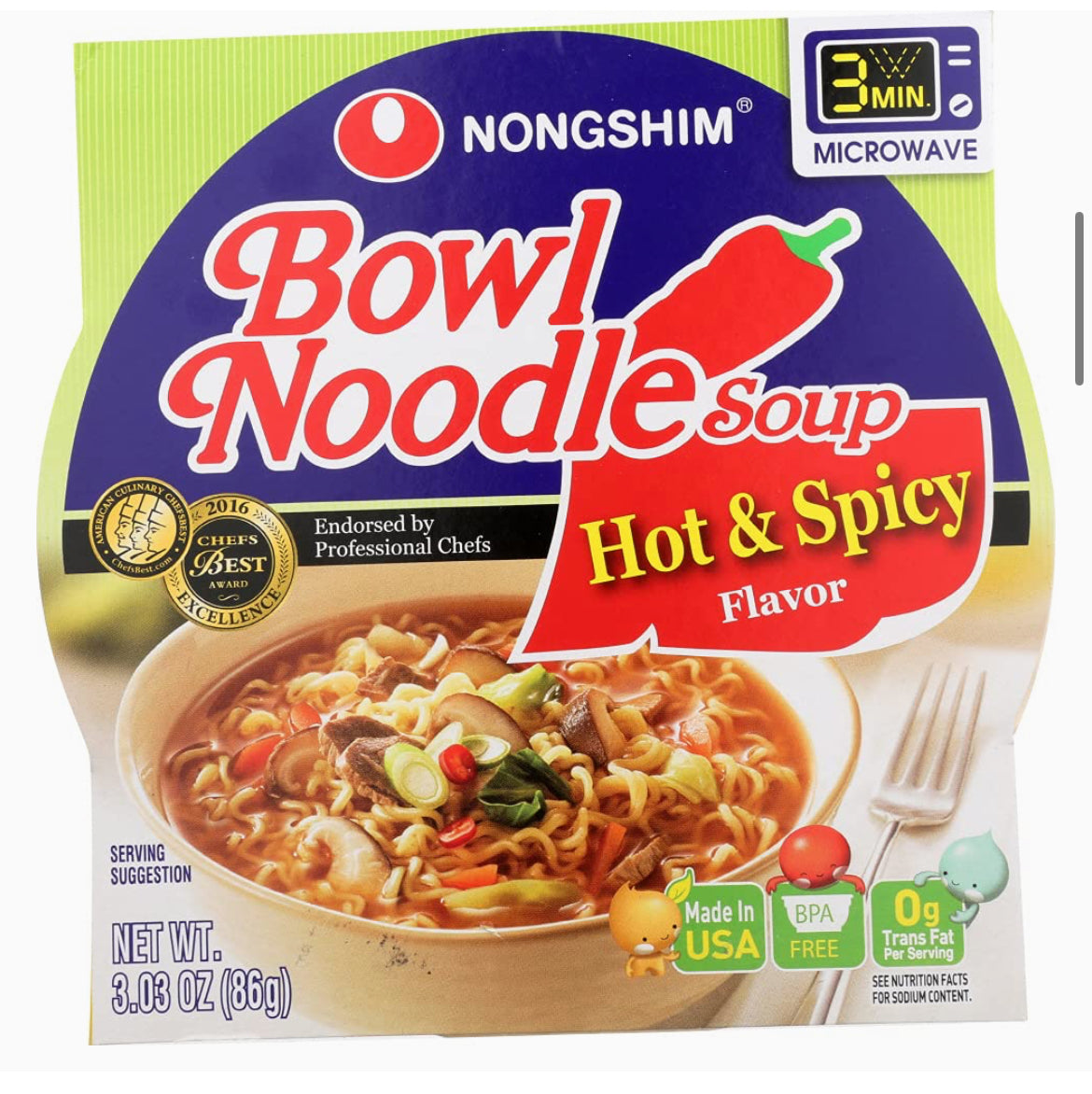 NONGSHIM BOWL NOODLES SOUP, Hot & Spicy flavor 1 bowl